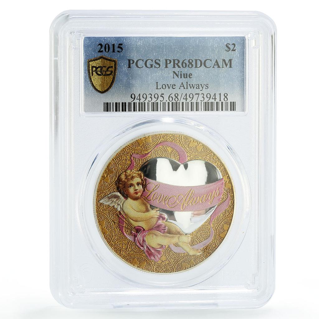 Niue 2 dollars Love Always Cupid Angel Gilt PR68 PCGS silver coin 2015