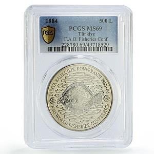 Turkey 500 lira FAO World Food Day Fisheries Conference MS69 PCGS Ni coin 1984