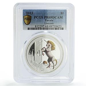 Tuvalu 1 dollar Mythical Creatures Unicorn Horse Castle PR68 PCGS Ag coin 2013