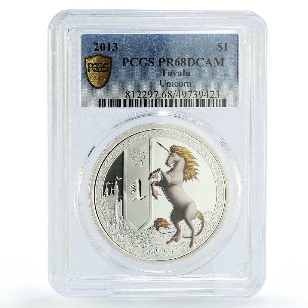 Tuvalu 1 dollar Mythical Creatures Unicorn Horse Castle PR68 PCGS Ag coin 2013