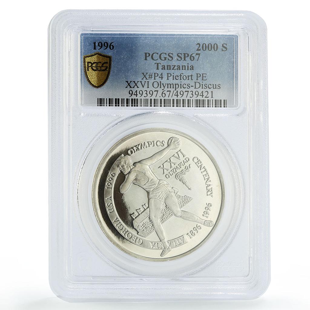 Tanzania 2000 shillings Olympics Discus Throw Piefort SP67 PCGS silver coin 1996