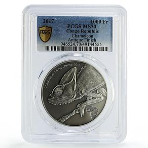 Congo 1000 francs African Ounce Wildlife Chameleon MS70 PCGS silver coin 2017
