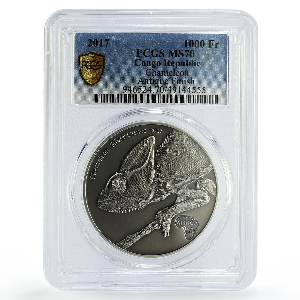 Congo 1000 francs African Ounce Wildlife Chameleon MS70 PCGS silver coin 2017