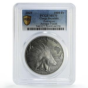 Congo 1000 francs African Ounce Wildlife Porcupine MS70 PCGS silver coin 2020