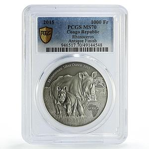 Congo 1000 francs African Ounce Wildlife Rhinoceros SP70 PCGS silver coin 2015