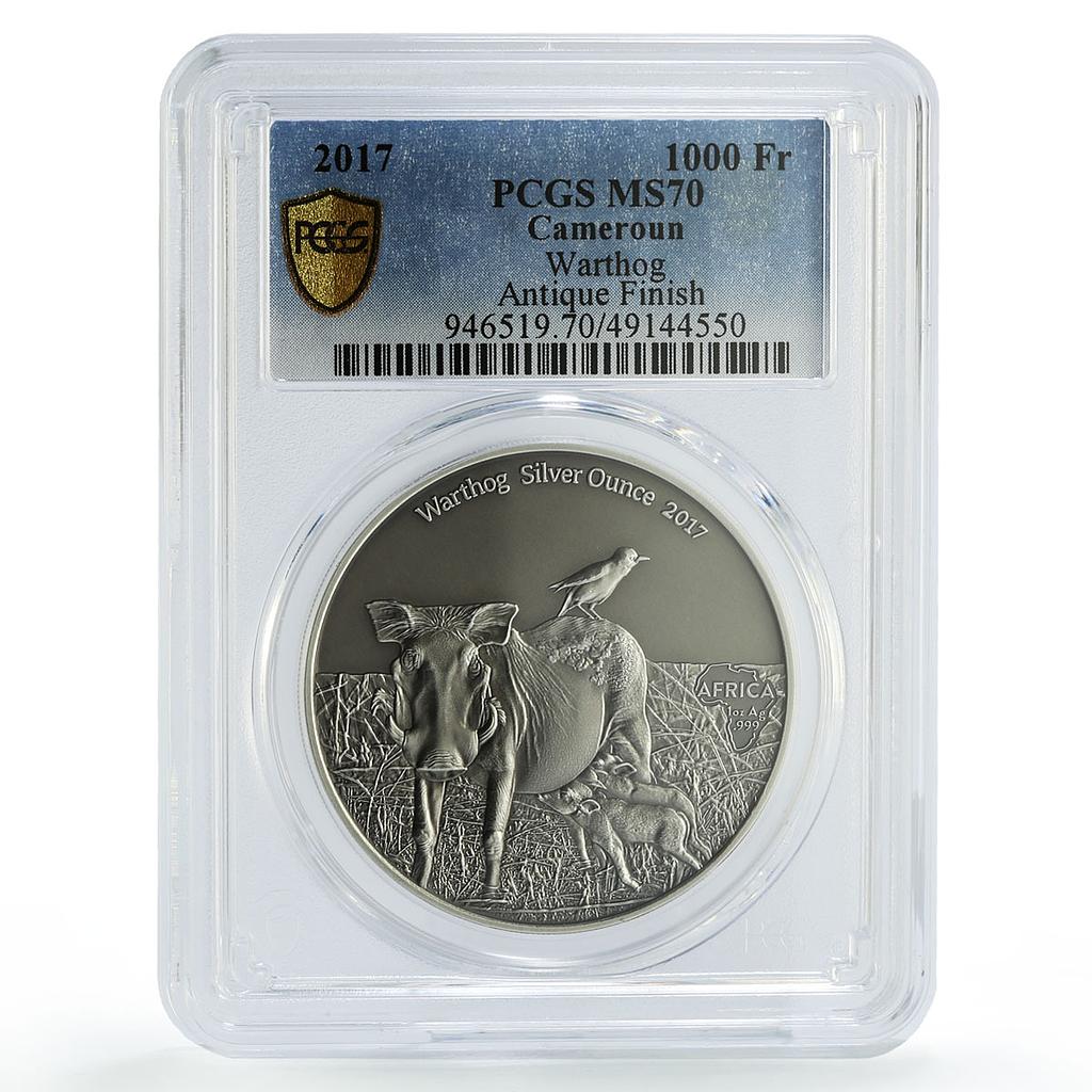 Cameroon 1000 francs African Ounce Wildlife Warthog SP70 PCGS silver coin 2017