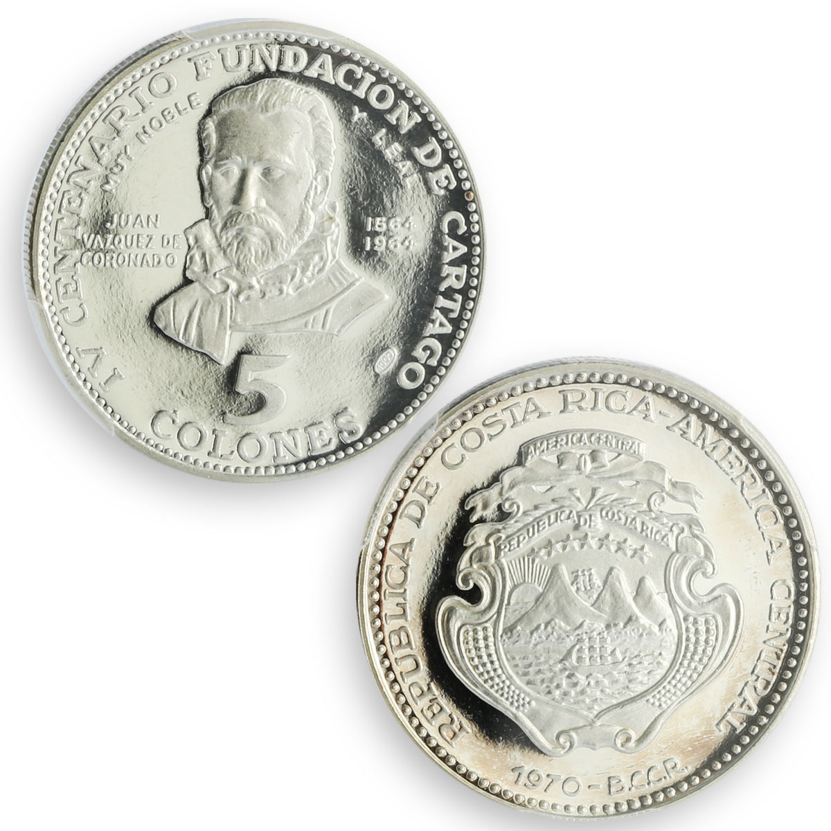 Costa Rica 5 colones Coronado New Carthage Founding PR68 PCGS silver coin 1970
