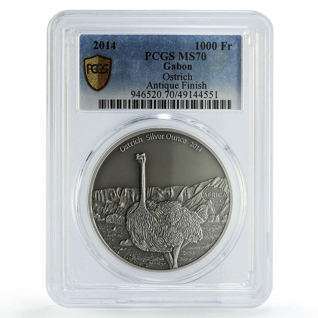 Gabon 1000 francs African Ounce Wildlife Ostrich Bird SP70 PCGS silver coin 2014