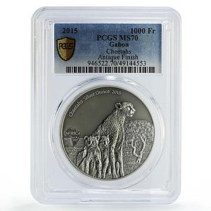 Gabon 1000 francs African Ounce Wildlife Cheetah Cat SP70 PCGS silver coin 2015