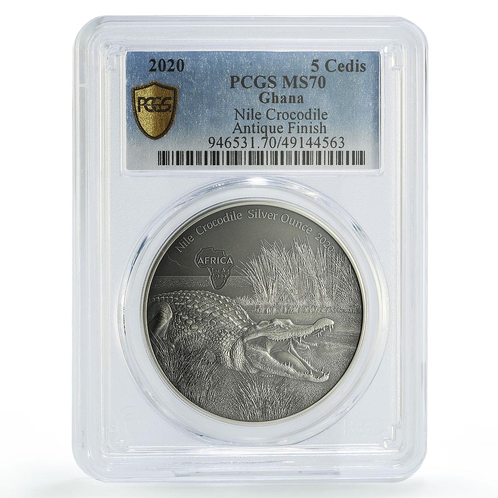 Ghana 5 cedis African Ounce Wildlife Crocodile Fauna MS70 PCGS silver coin 2020