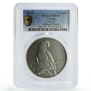 Ghana 5 cedis African Ounce Wildlife Parrot Bird MS70 PCGS silver coin 2016