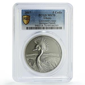 Ghana 5 cedis African Ounce Wildlife Crane Bird Fauna SP70 PCGS silver coin 2017