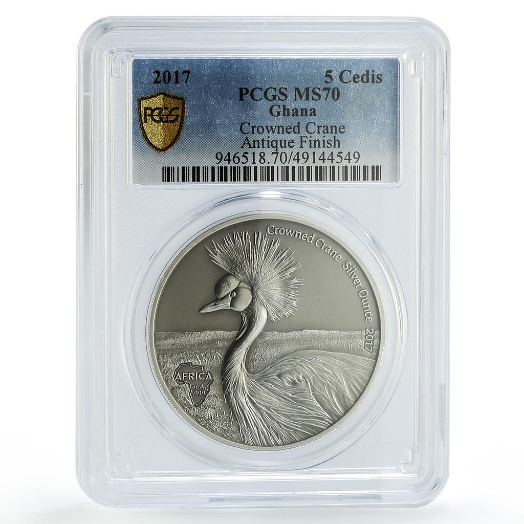 Ghana 5 cedis African Ounce Wildlife Crane Bird Fauna SP70 PCGS silver coin 2017