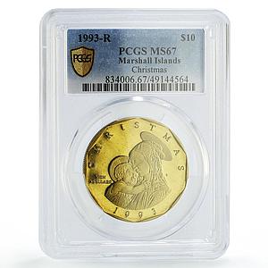 Marshall Is. 10 dollars Christmas Madonna Baby Jesus MS67 PCGS brass coin 1993