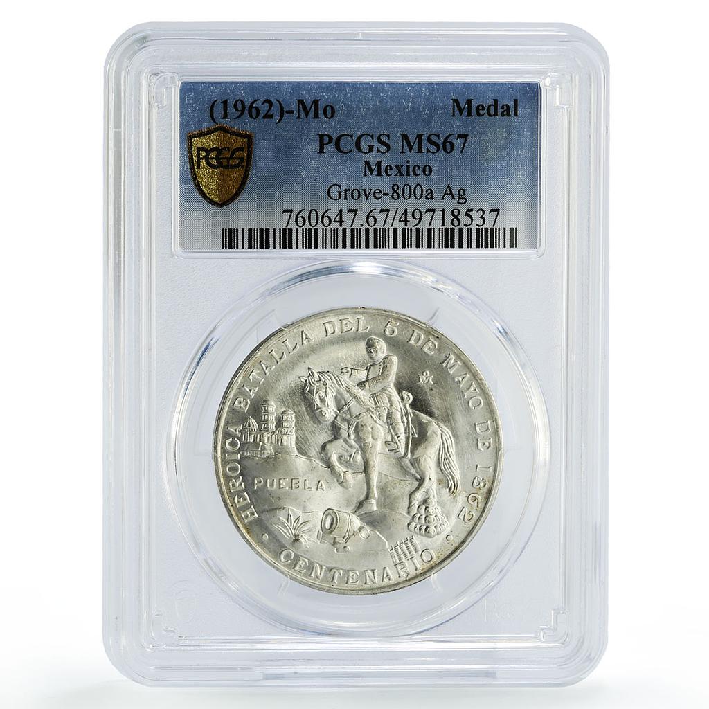 Mexico Puebla Battle General Zaragoza Horseman MS67 PCGS silver medal coin 1962