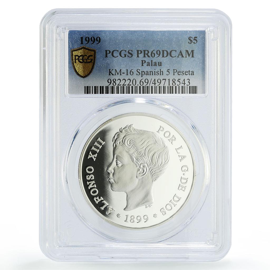 Palau 5 dollars Spanish 5 Pesetas Child Alfonso XIII PR69 PCGS silver coin 1999