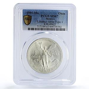Mexico 1 onza Libertad Angel of Independence MS67 PCGS silver coin 1991
