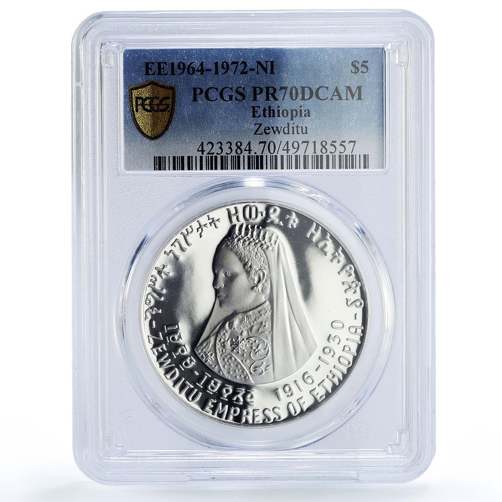 Ethiopia 5 dollars Empress Zewditu Zauditu Politics PR70 PCGS silver coin 1972