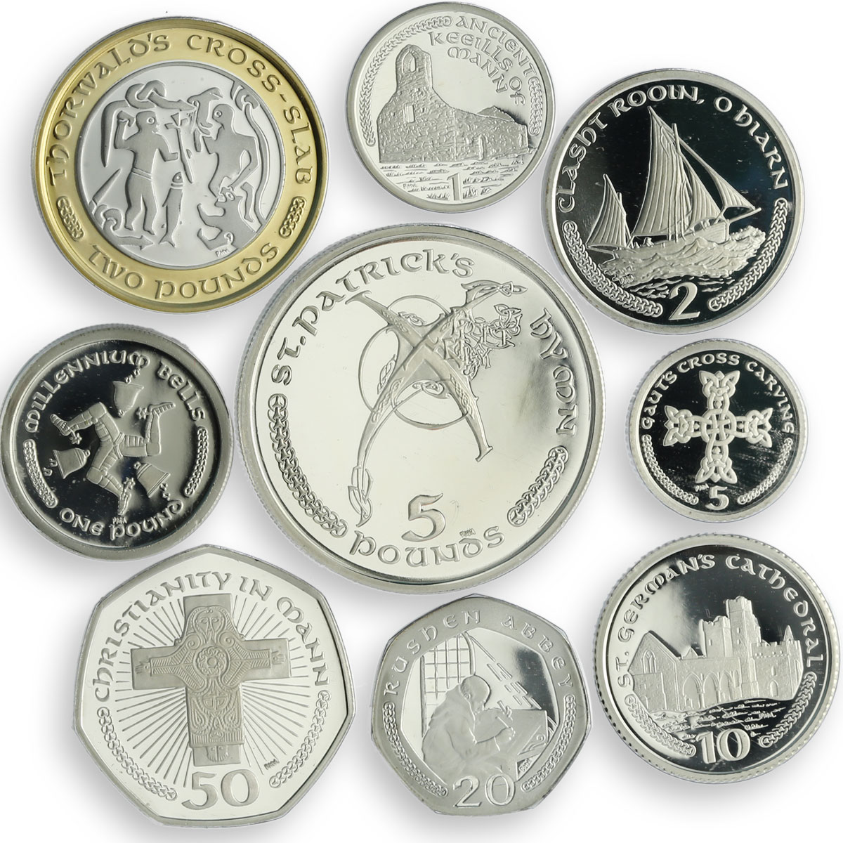 Isle of Man 5 2 1 pounds 50 20 10 5 1 pence Set Decimal PR silver coins 2000