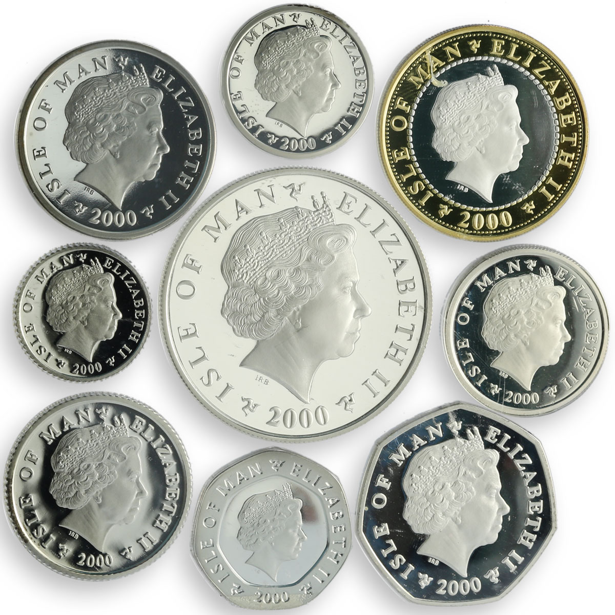 Isle of Man 5 2 1 pounds 50 20 10 5 1 pence Set Decimal PR silver coins 2000