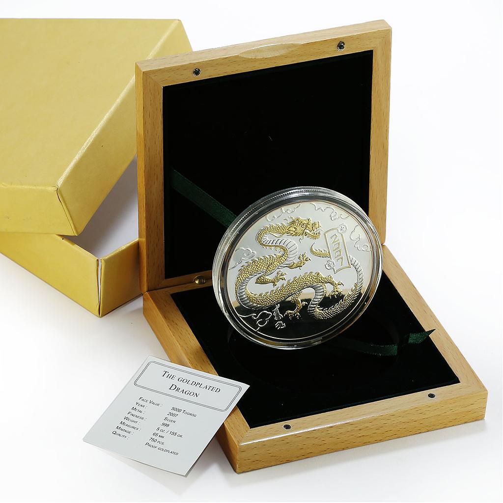 Mongolia 5000 togrog Lunar Calendar Dragon Year Gilt 5 oz proof silver coin 2007