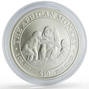 Somalia 10 dollars African Wildlife Three Monkeys Fauna Matte silver coin 2004