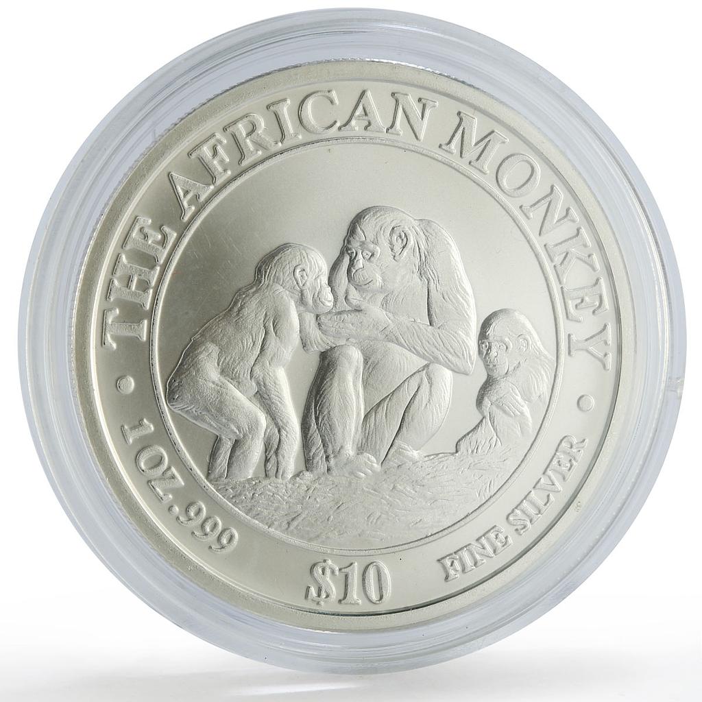 Somalia 10 dollars African Wildlife Three Monkeys Fauna Matte silver coin 2004