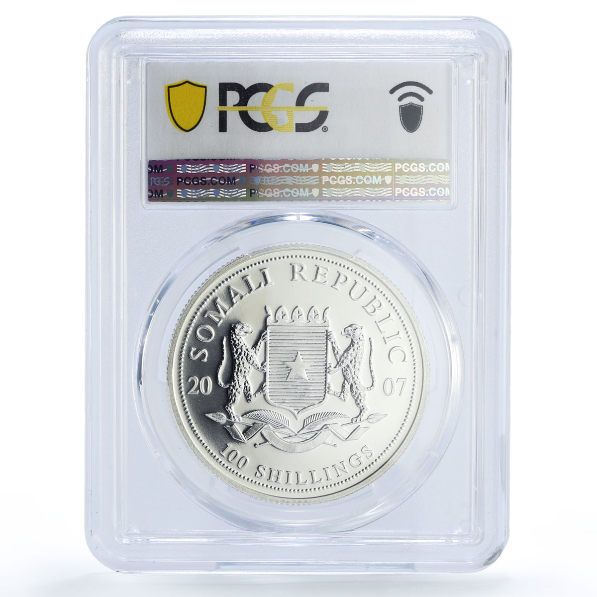 Somalia 100 shillings Wildlife Elephant Fauna Colored MS68 PCGS silver coin 2007