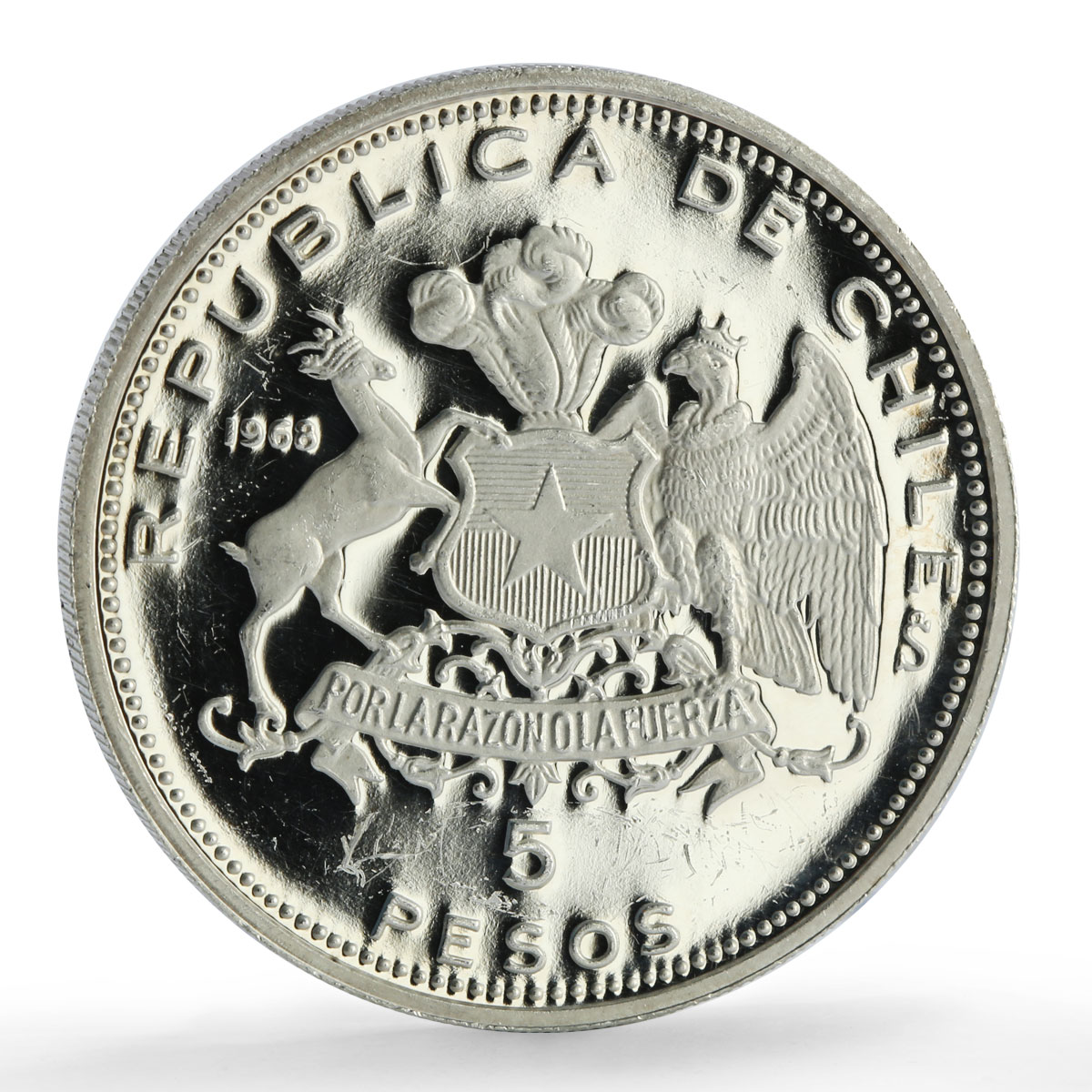 Chile 5 pesos Naval Academy 150th Anniversary Arturo Prat proof silver coin 1968