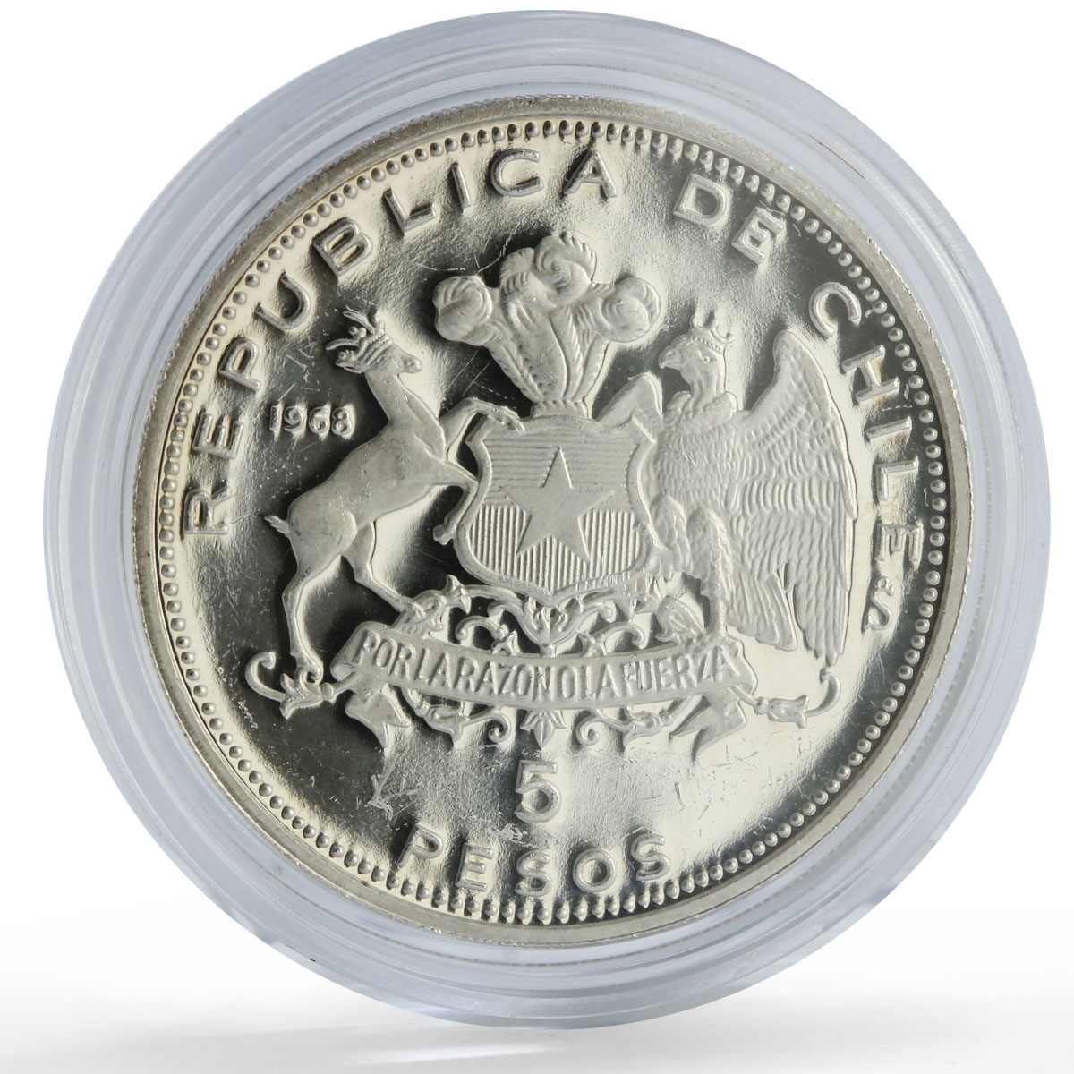 Chile 5 pesos Naval Academy 150th Anniversary Arturo Prat proof silver coin 1968