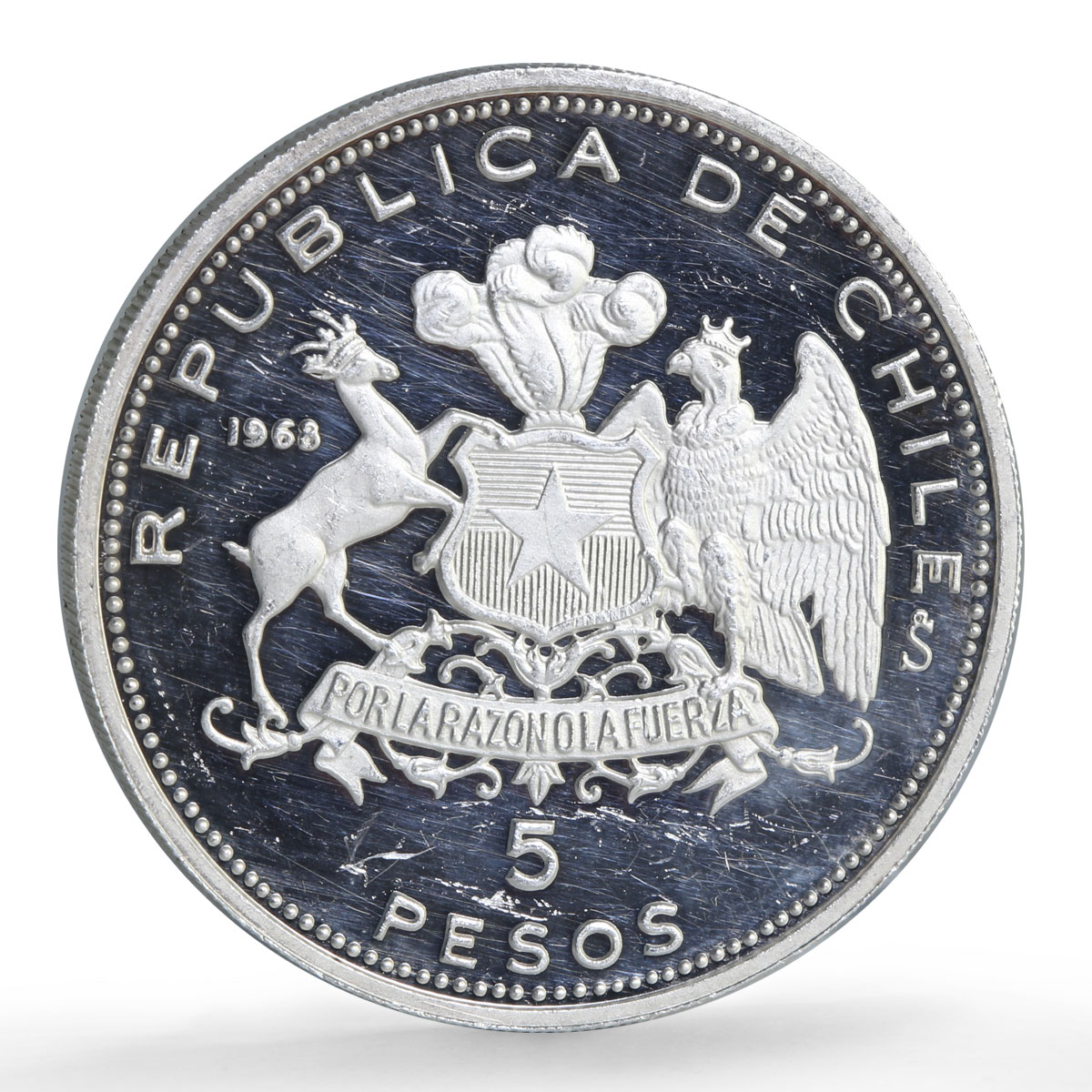 Chile 5 pesos Naval Academy 150th Anniversary Arturo Prat proof silver coin 1968