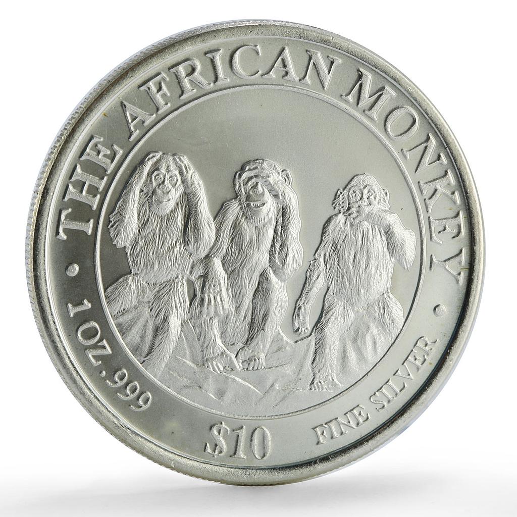 Somalia 10 dollars African Wildlife Three Monkeys Fauna Matte silver coin 2001