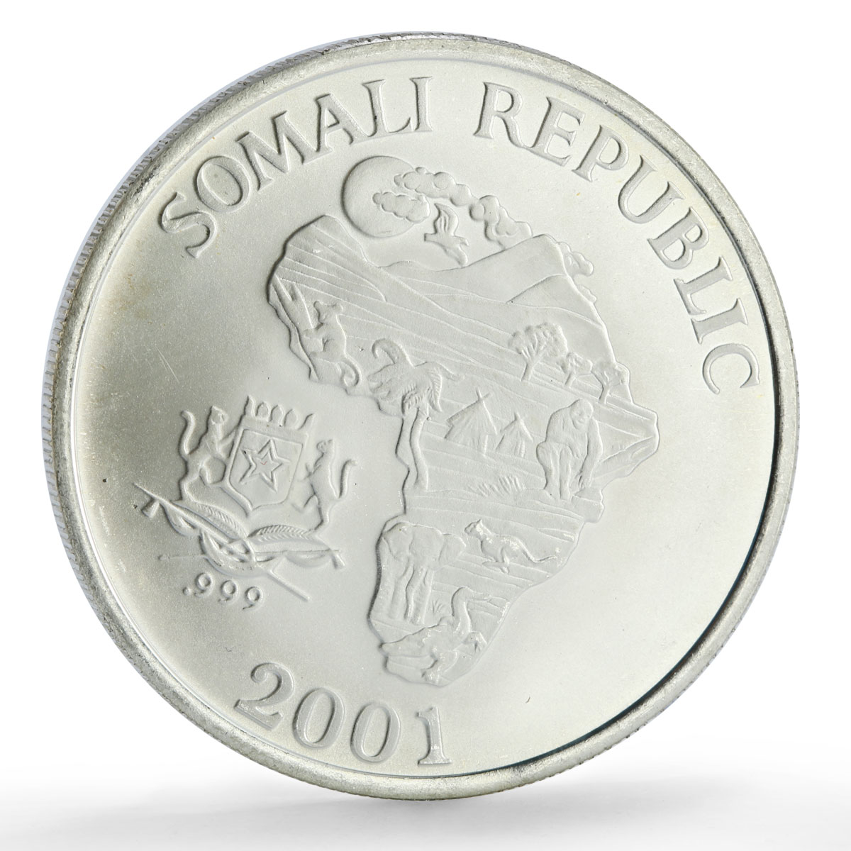 Somalia 10 dollars African Wildlife Three Monkeys Fauna Matte silver coin 2001