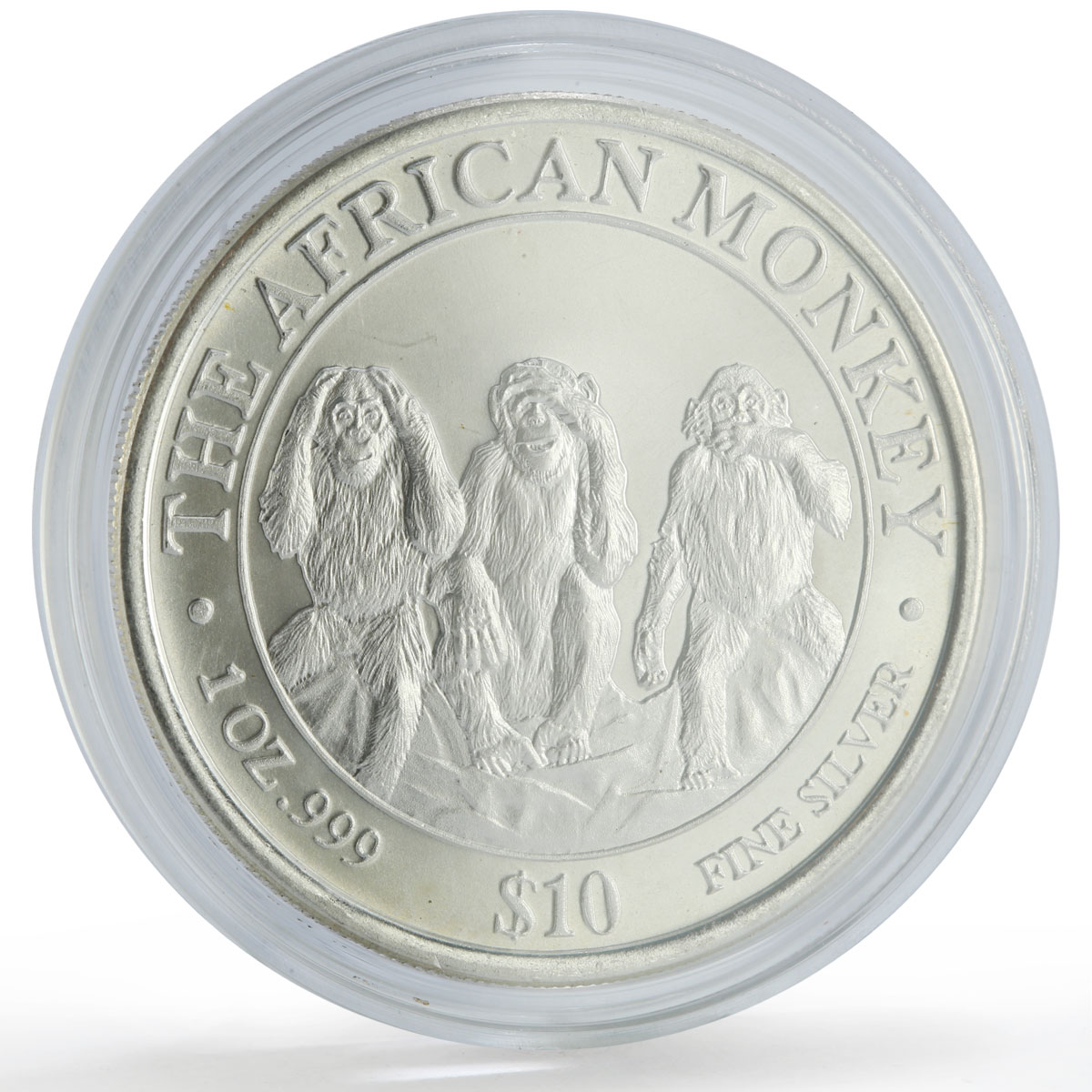 Somalia 10 dollars African Wildlife Three Monkeys Fauna Matte silver coin 2001