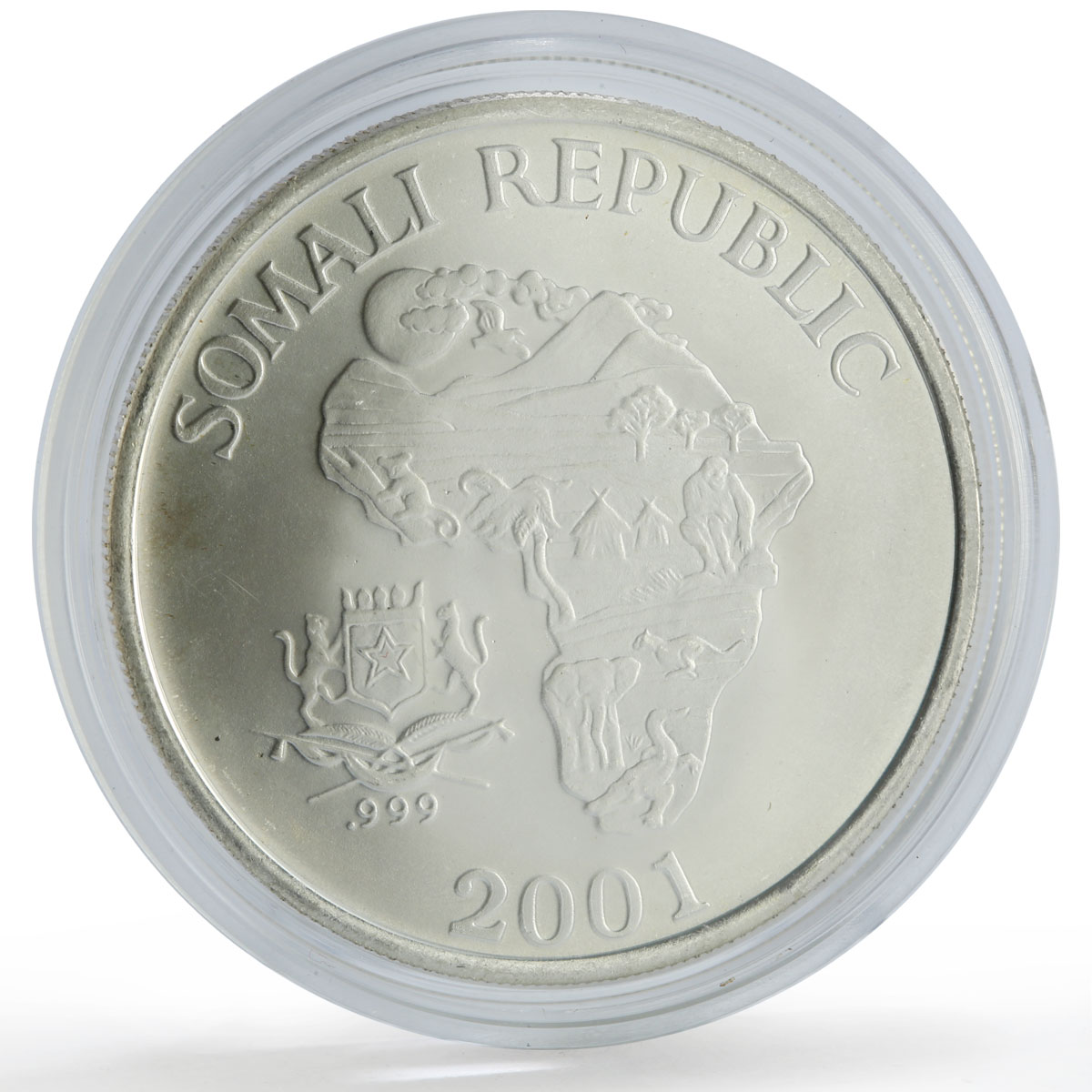 Somalia 10 dollars African Wildlife Three Monkeys Fauna Matte silver coin 2001