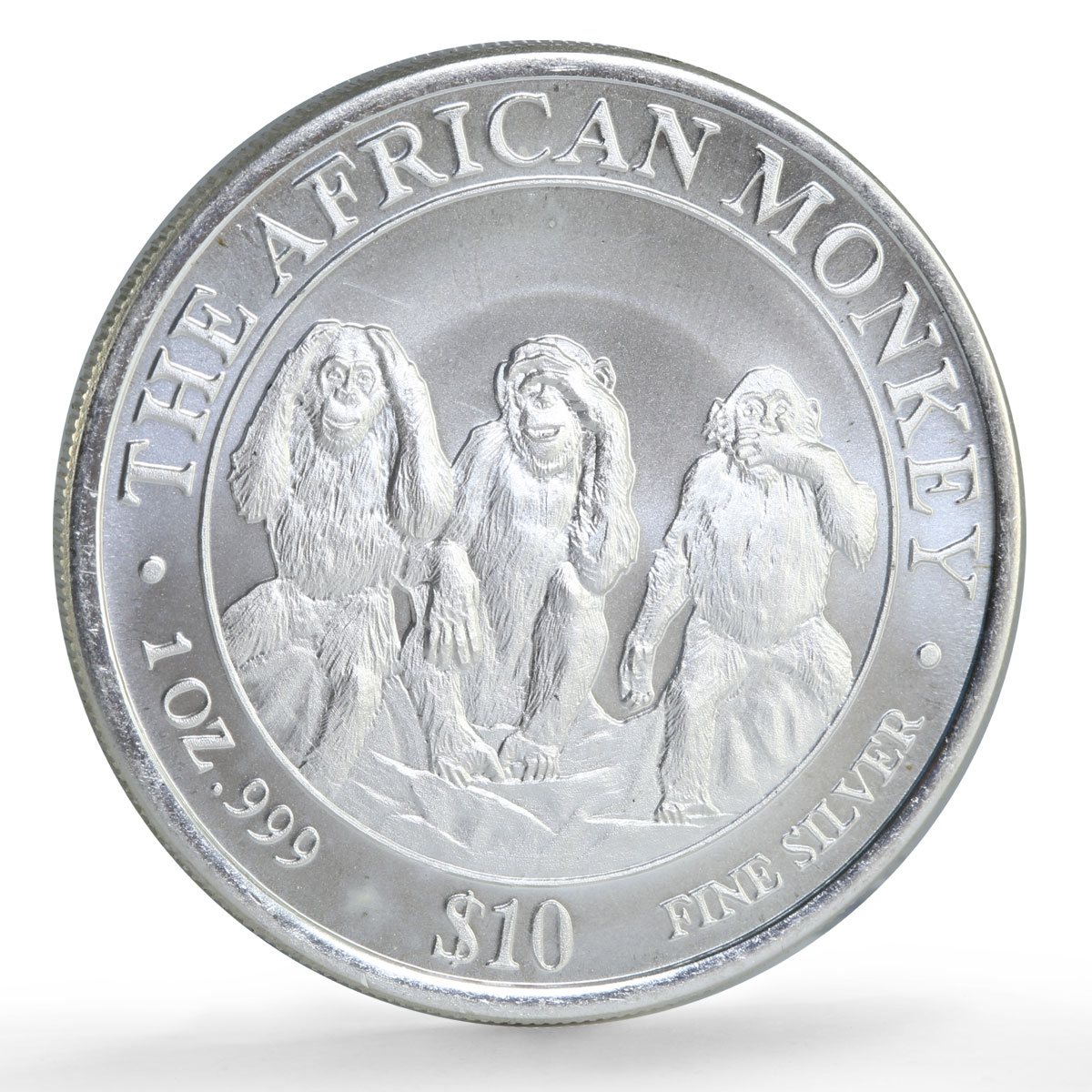 Somalia 10 dollars African Wildlife Three Monkeys Fauna Matte silver coin 2001