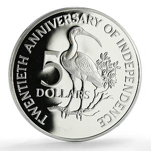 Trinidad Tobago 5 dollars Independence Anniversary Ibis Bird PR silver coin 1982