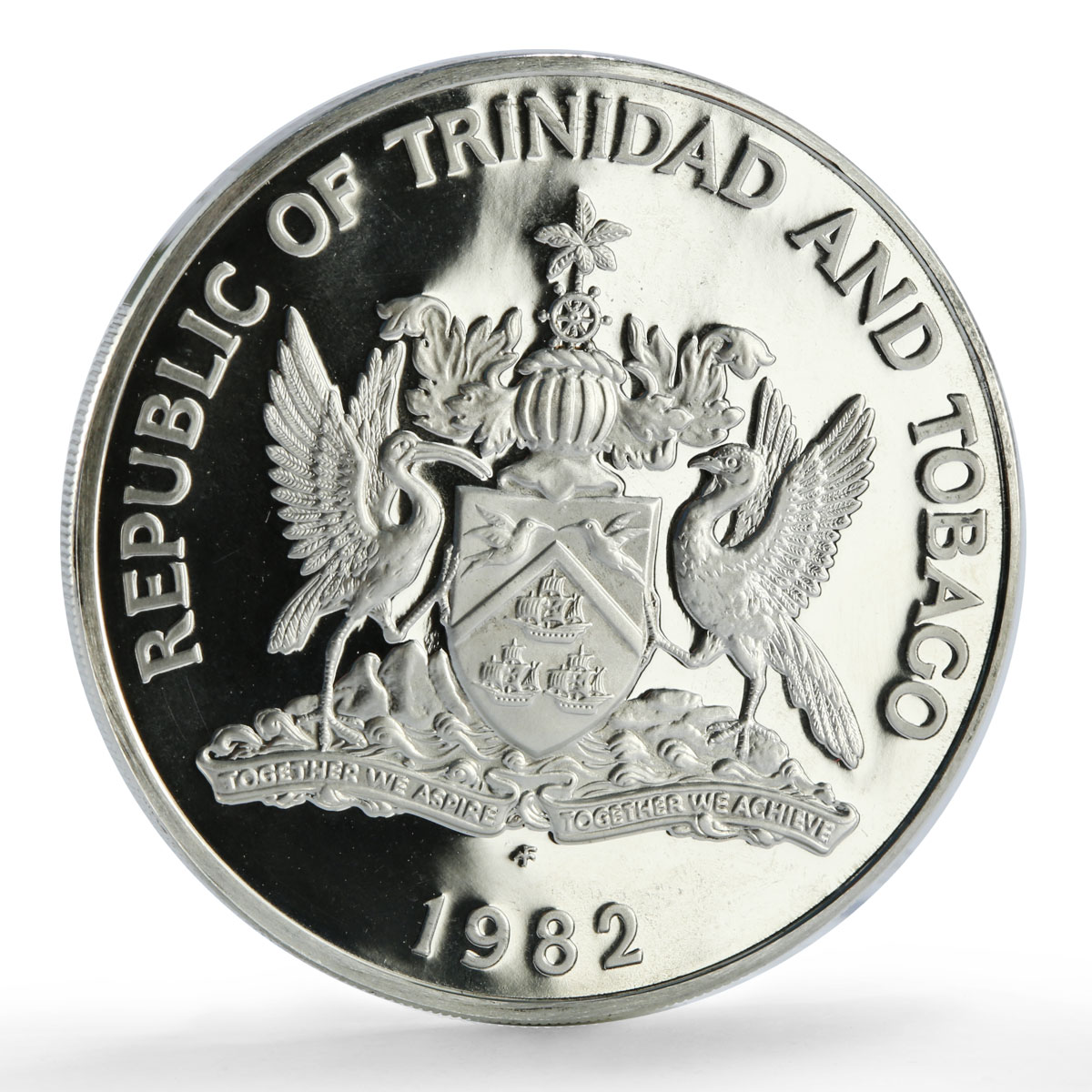 Trinidad Tobago 5 dollars Independence Anniversary Ibis Bird PR silver coin 1982
