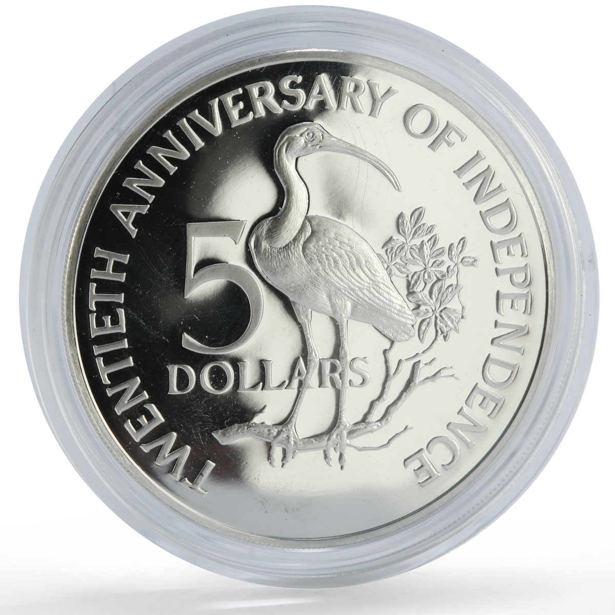 Trinidad Tobago 5 dollars Independence Anniversary Ibis Bird PR silver coin 1982