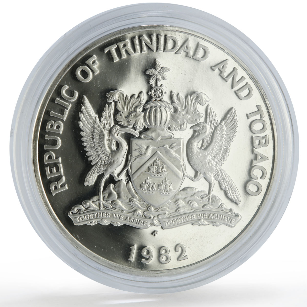 Trinidad Tobago 5 dollars Independence Anniversary Ibis Bird PR silver coin 1982