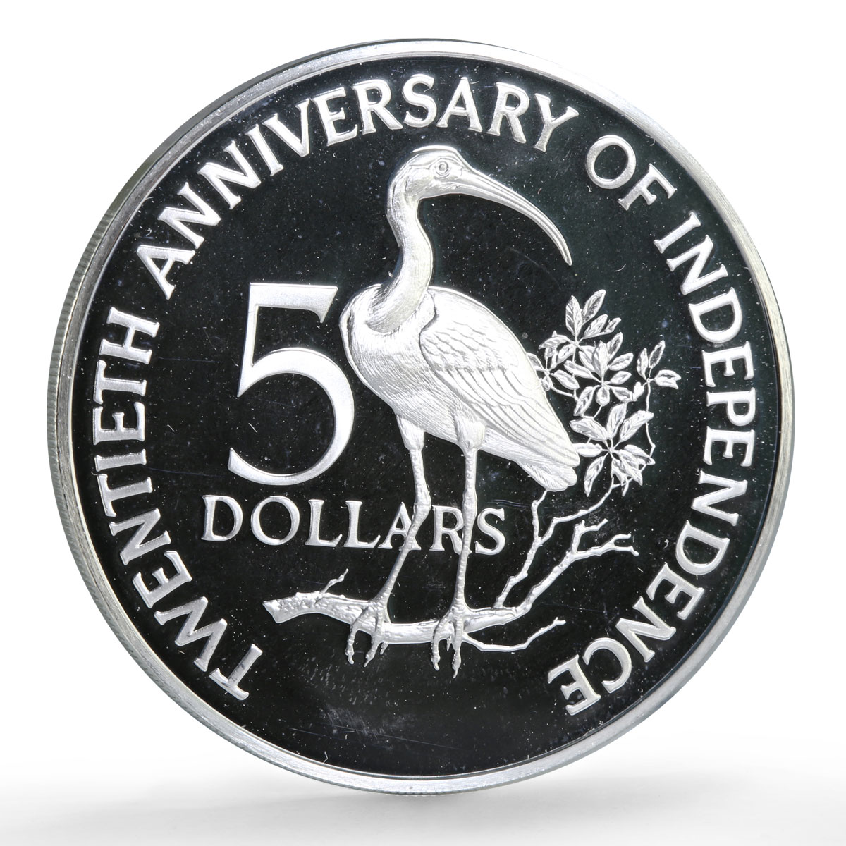 Trinidad Tobago 5 dollars Independence Anniversary Ibis Bird PR silver coin 1982