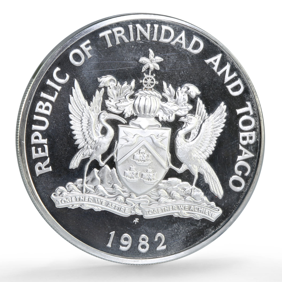 Trinidad Tobago 5 dollars Independence Anniversary Ibis Bird PR silver coin 1982