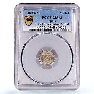 Spain Queen Isabella II Proclamation Medal &quot;2 Reales&quot; MS63 PCGS silver 1833