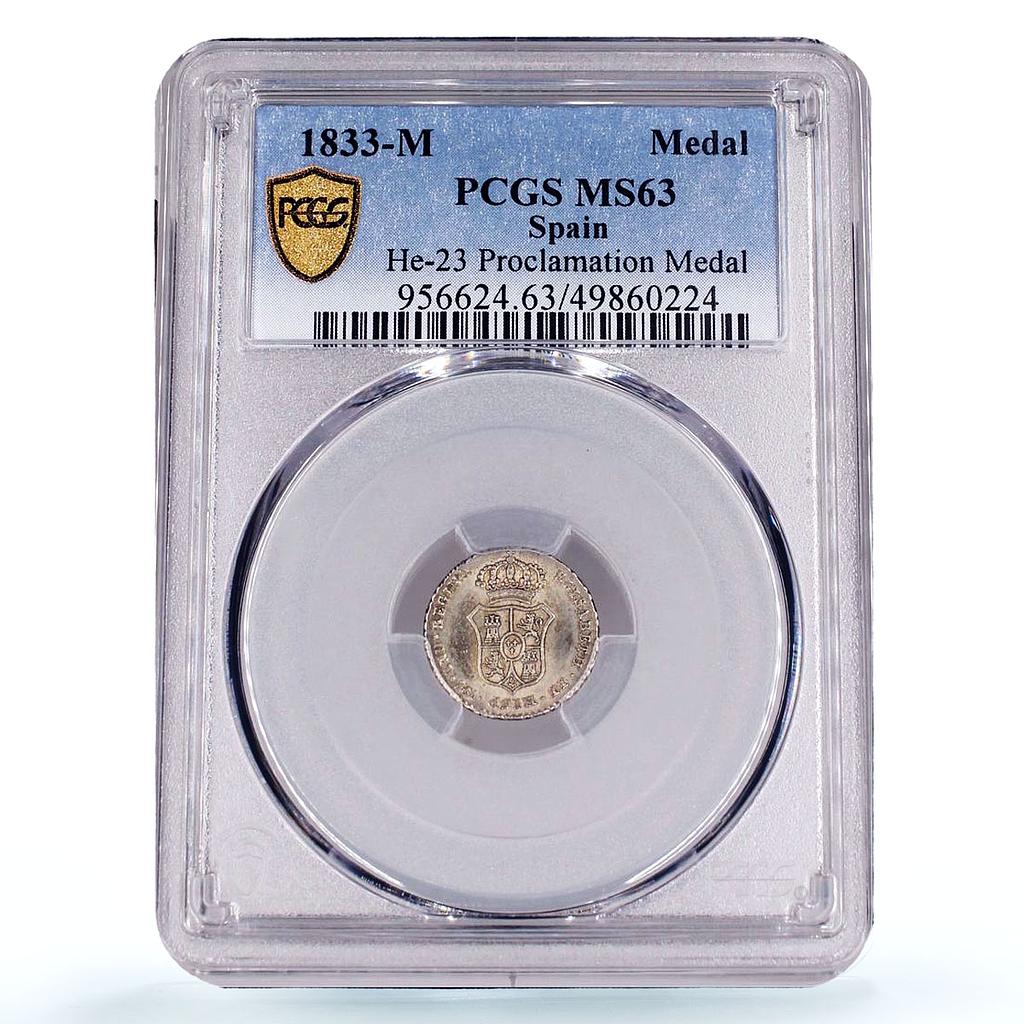 Spain Queen Isabella II Proclamation Medal &quot;2 Reales&quot; MS63 PCGS silver 1833
