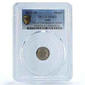 Spain Queen Isabella II Proclamation Medal "2 Reales" MS63 PCGS silver 1833