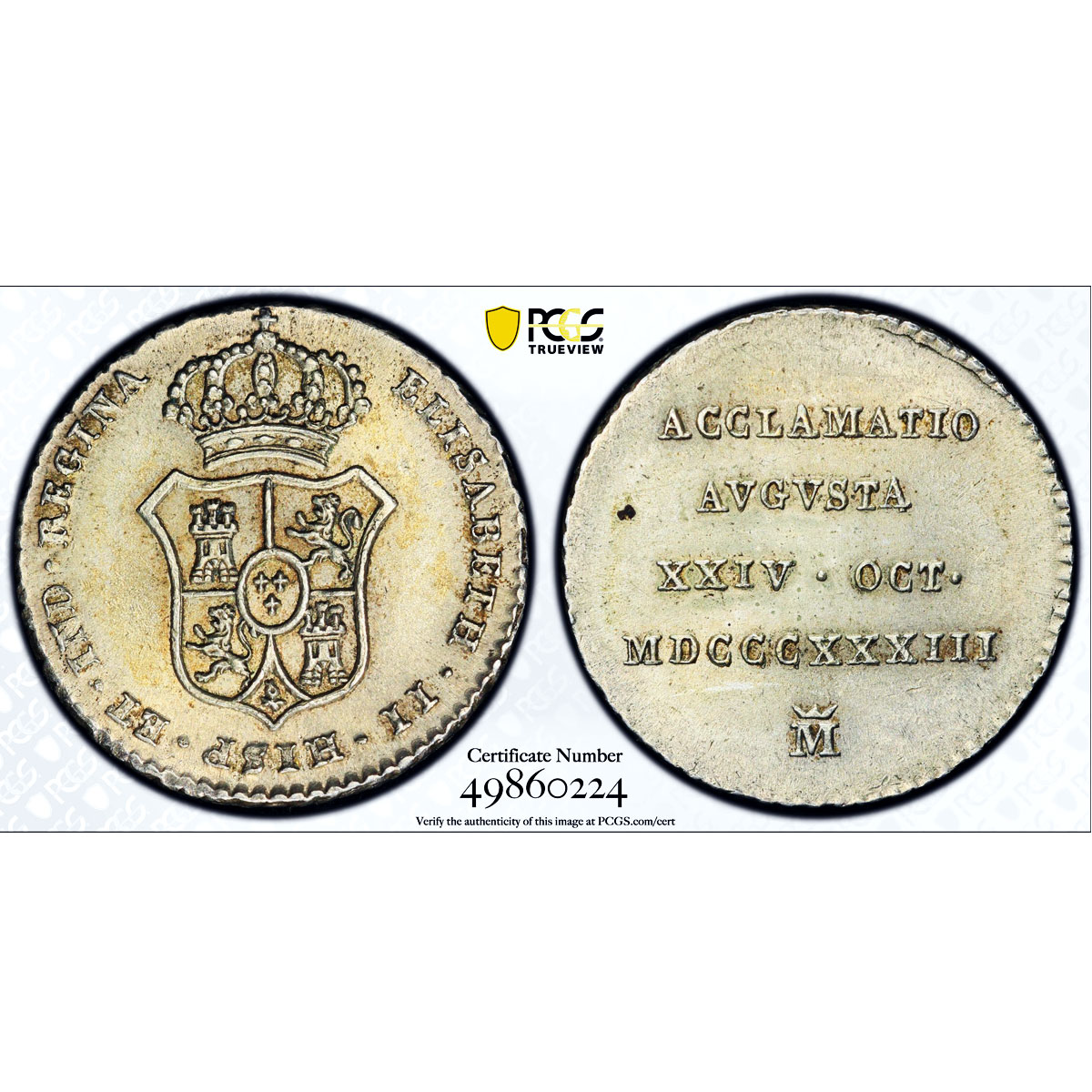 Spain Queen Isabella II Proclamation Medal &quot;2 Reales&quot; MS63 PCGS silver 1833