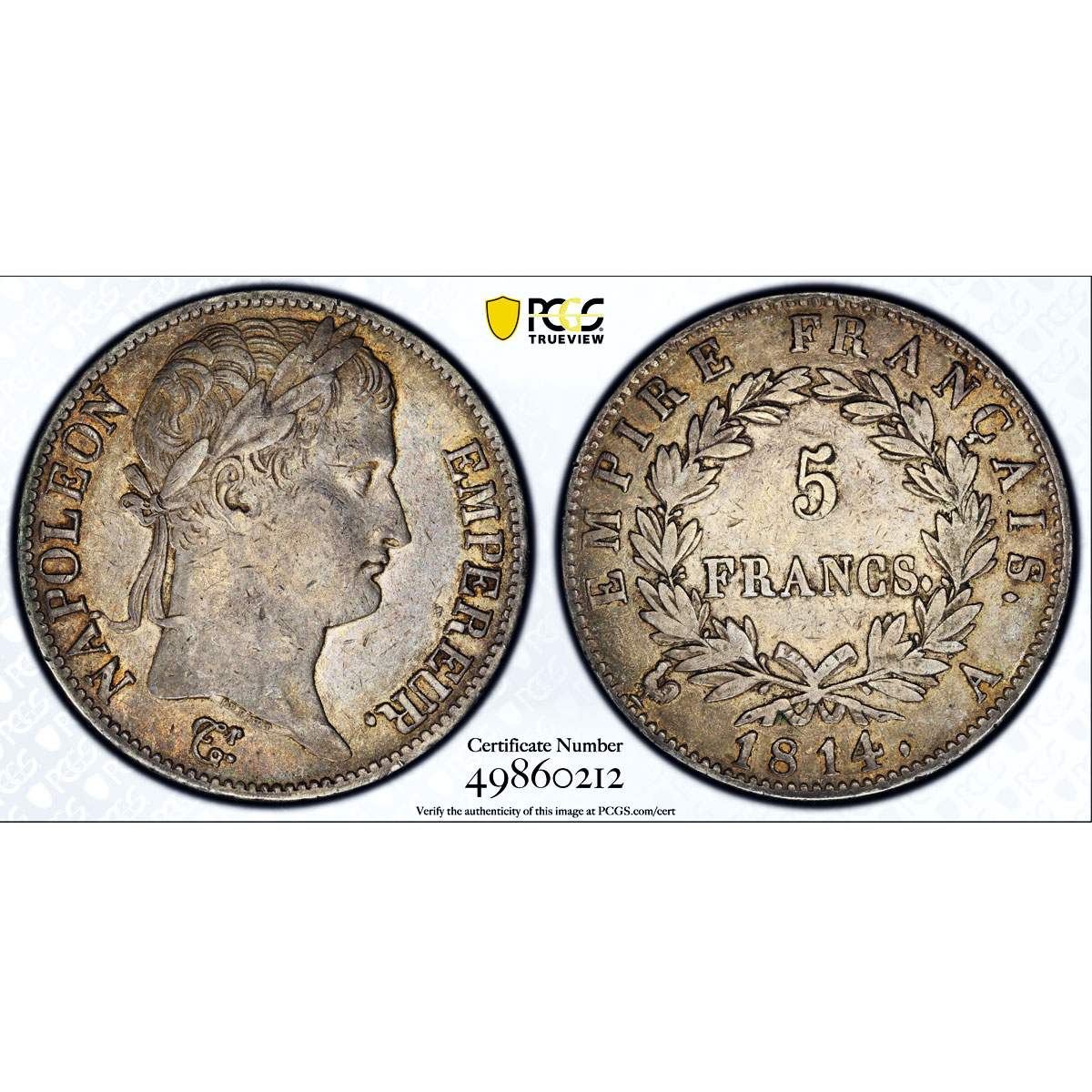 France 5 francs Emperor Napoleon I Coinage KM-694.1 XF45 PCGS silver coin 1814 A
