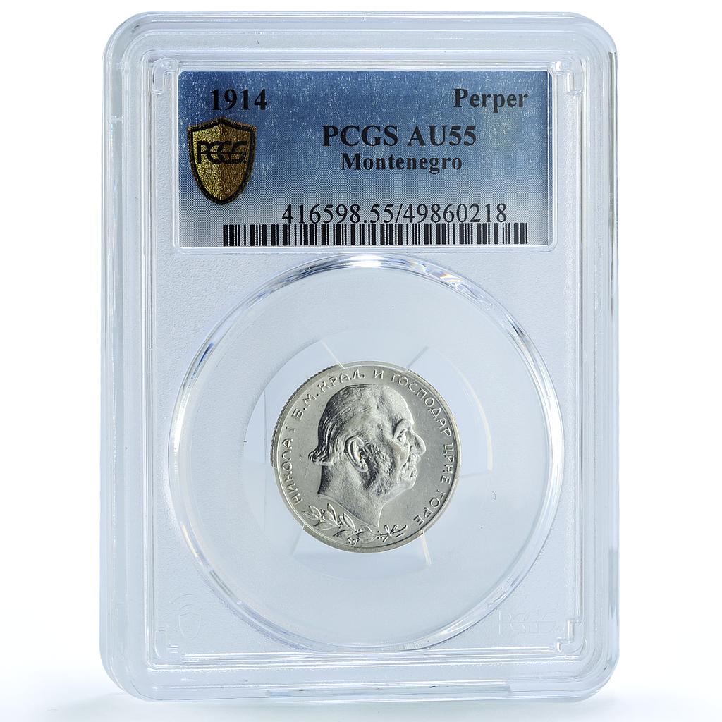 Montenegro 1 perper King Nicholas I Coinage KM-14 AU55 PCGS silver coin 1914 Montenegro 1 perper King Nicholas I Coinage KM-14 AU55 PCGS silver coin 1914