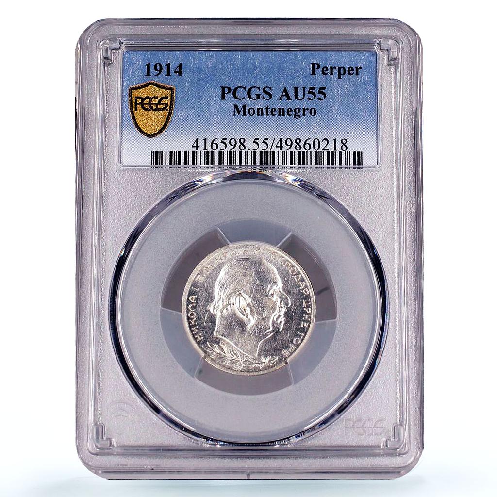 Montenegro 1 perper King Nicholas I Coinage KM-14 AU55 PCGS silver coin 1914