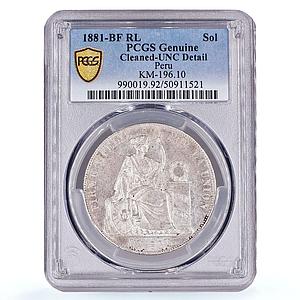 Peru 1 sol Republic Coinage Seated Liberty KM-196 UNC PCGS silver coin 1881